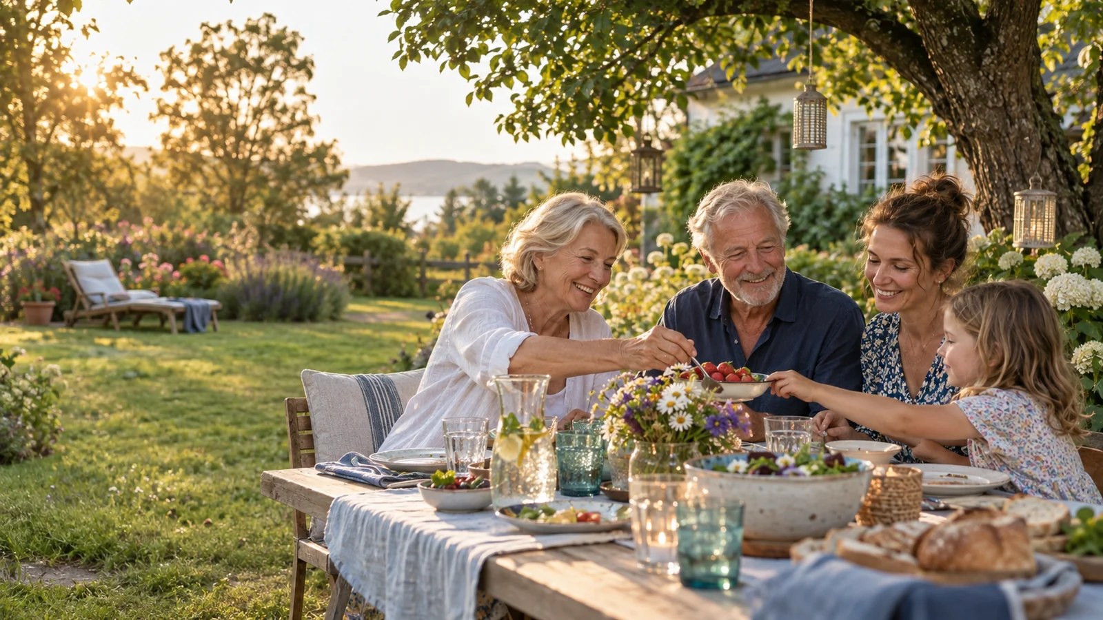 Eine Familie verbringt gemeinsam einen entspannten Sommertag im Garten